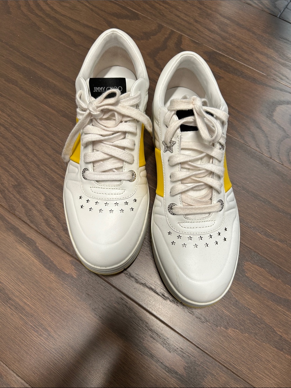 Jimmy Choo White Leather Sneakers with Yellow Panels